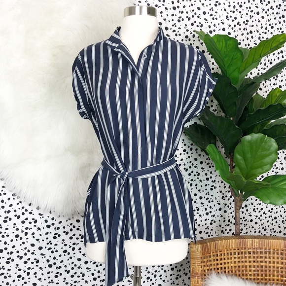 Frame Denim Tops - FRAME | Silk Navy Blue Stripe Belted Button Blouse